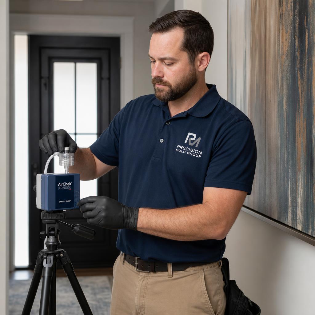 Air sampling pump collecting a mold spore sample in a West Covina living room