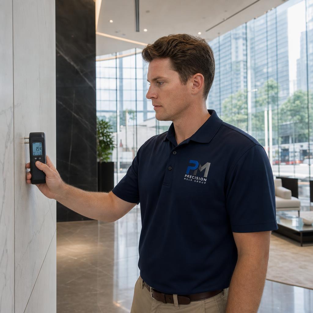 Precision Mold Group inspector performing a commercial mold inspection in a West Covina office building