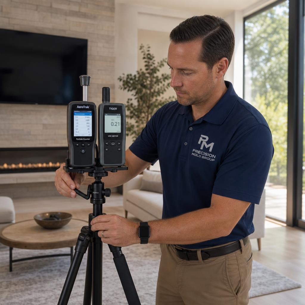 Indoor air quality testing pump collecting a mold air sample in a West Covina home