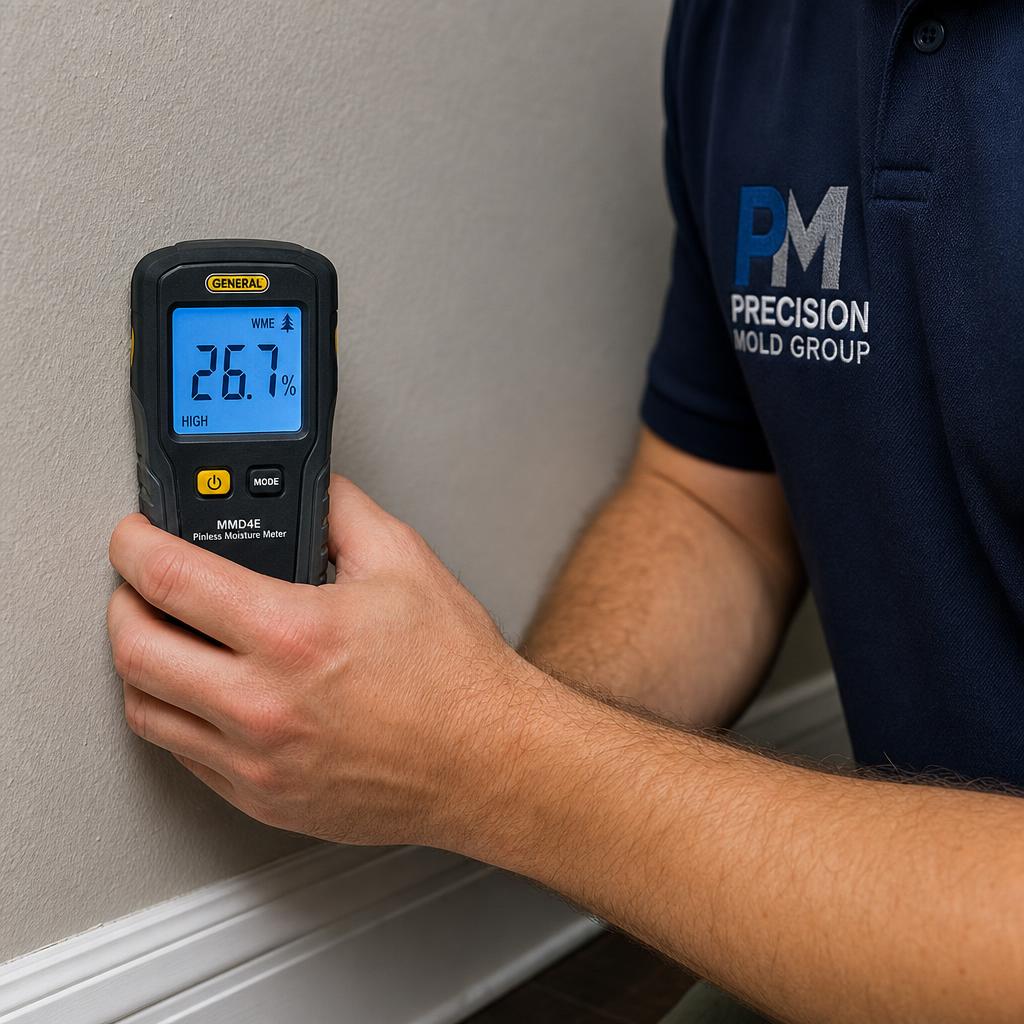 Precision Mold Group inspector using a moisture meter on drywall in a West Covina home