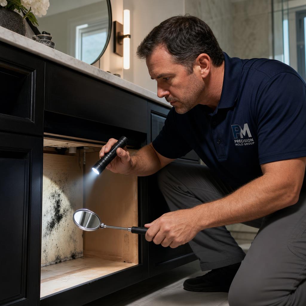 Precision Mold Group certified mold inspector performing a mold inspection in a West Covina home