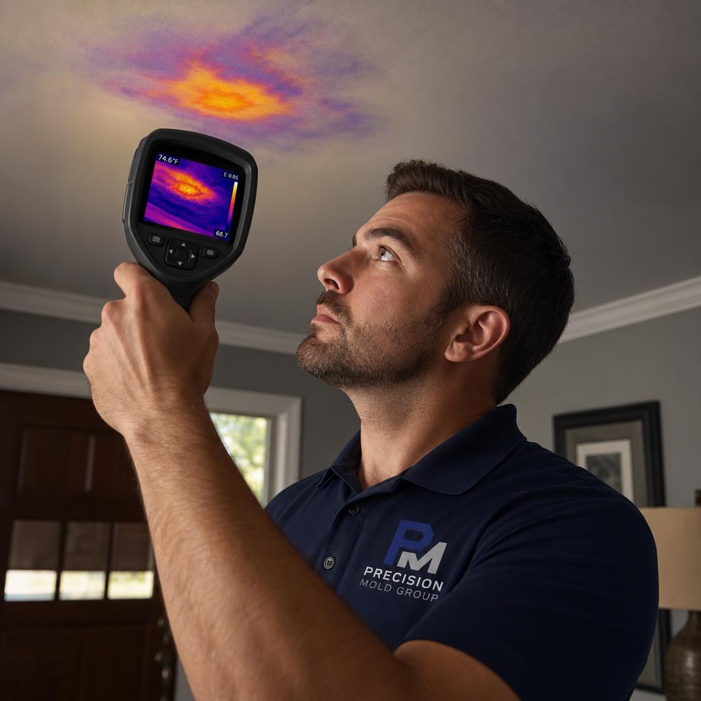 Thermal imaging camera showing a heat signature on an interior wall during a West Covina mold inspection